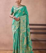 Aqua banarasi kota cotton silk saree with zari work, peacock floral motifs, decorative pallu and blouse
