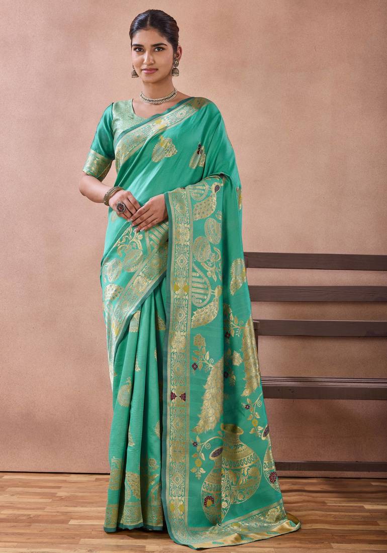 Aqua banarasi kota cotton silk saree with zari work, peacock floral motifs, decorative pallu and blouse