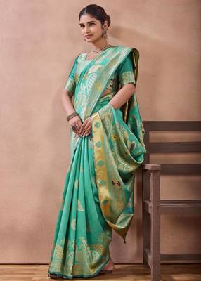 Aqua banarasi kota cotton silk saree with zari work, peacock floral motifs, decorative pallu and blouse 2