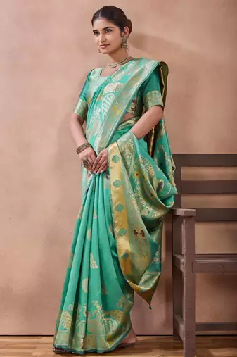 Aqua banarasi kota cotton silk saree with zari work, peacock floral motifs, decorative pallu and blouse