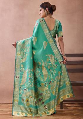 Aqua banarasi kota cotton silk saree with zari work, peacock floral motifs, decorative pallu and blouse 3