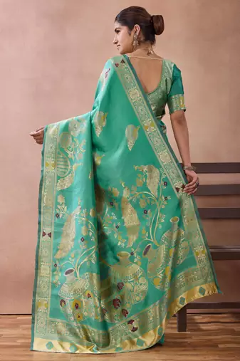 Aqua banarasi kota cotton silk saree with zari work, peacock floral motifs, decorative pallu and blouse