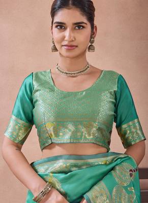 Aqua banarasi kota cotton silk saree with zari work, peacock floral motifs, decorative pallu and blouse 4