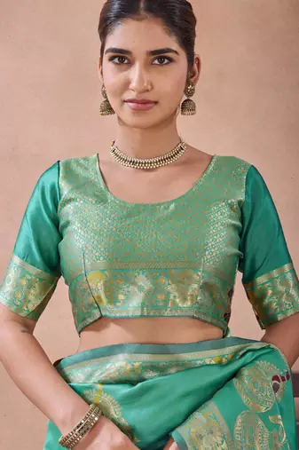 Aqua banarasi kota cotton silk saree with zari work, peacock floral motifs, decorative pallu and blouse