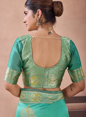 Aqua banarasi kota cotton silk saree with zari work, peacock floral motifs, decorative pallu and blouse 5