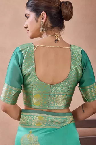 Aqua banarasi kota cotton silk saree with zari work, peacock floral motifs, decorative pallu and blouse