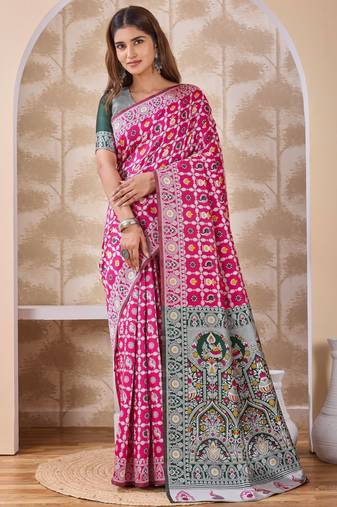 Rani pink banarasi kota cotton silk saree with woven zari work, floral motifs, contrast pallu and blouse