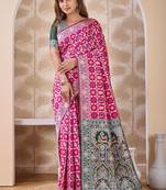 Rani pink banarasi kota cotton silk saree with woven zari work, floral motifs, contrast pallu and blouse