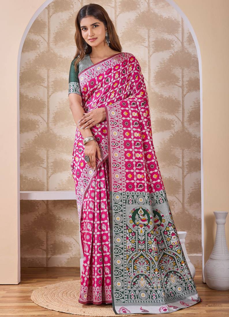 Rani pink banarasi kota cotton silk saree with woven zari work, floral motifs, contrast pallu and blouse