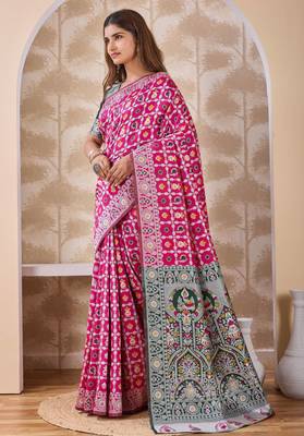 Rani pink banarasi kota cotton silk saree with woven zari work, floral motifs, contrast pallu and blouse 2