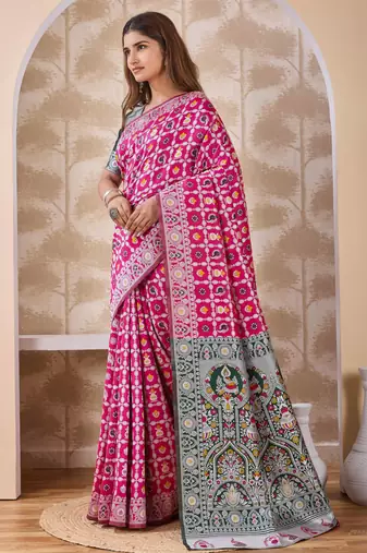 Rani pink banarasi kota cotton silk saree with woven zari work, floral motifs, contrast pallu and blouse