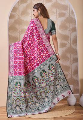 Rani pink banarasi kota cotton silk saree with woven zari work, floral motifs, contrast pallu and blouse 3