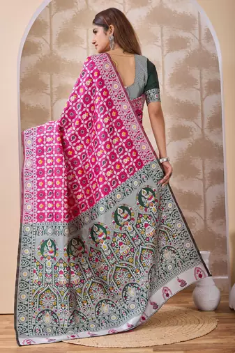 Rani pink banarasi kota cotton silk saree with woven zari work, floral motifs, contrast pallu and blouse