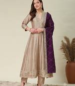 Women beige embroidered v-neck a-line kurta pant set with contrast wine dupatta