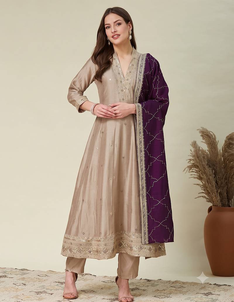 Women beige embroidered v-neck a-line kurta pant set with contrast wine dupatta