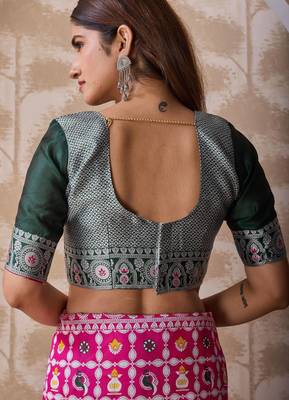 Rani pink banarasi kota cotton silk saree with woven zari work, floral motifs, contrast pallu and blouse 4
