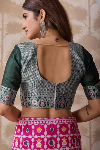 Rani pink banarasi kota cotton silk saree with woven zari work, floral motifs, contrast pallu and blouse