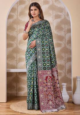 Bottle green banarasi kota cotton silk saree with woven zari work, floral traditional motifs, contrast pallu and blouse 1