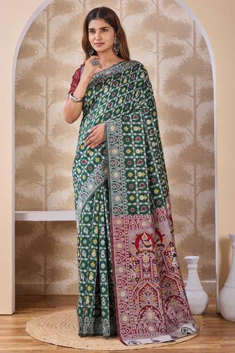 Bottle green banarasi kota cotton silk saree with woven zari work, floral traditional motifs, contrast pallu and blouse