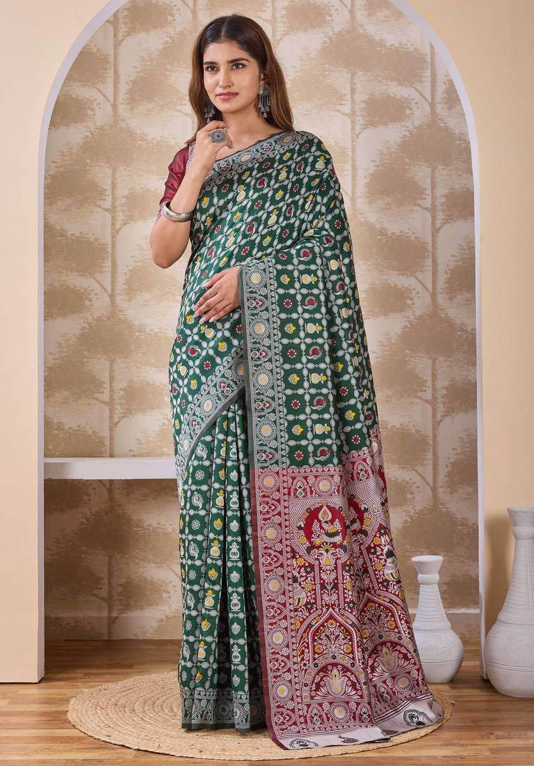 Bottle green banarasi kota cotton silk saree with woven zari work, floral traditional motifs, contrast pallu and blouse