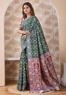 Bottle green banarasi kota cotton silk saree with woven zari work, floral traditional motifs, contrast pallu and blouse 2