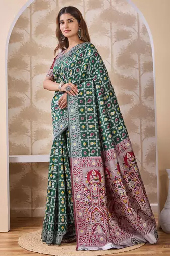Bottle green banarasi kota cotton silk saree with woven zari work, floral traditional motifs, contrast pallu and blouse