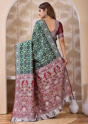 Bottle green banarasi kota cotton silk saree with woven zari work, floral traditional motifs, contrast pallu and blouse 3