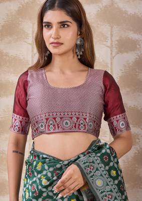 Bottle green banarasi kota cotton silk saree with woven zari work, floral traditional motifs, contrast pallu and blouse 4