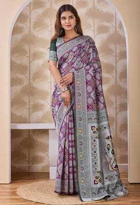 Purple banarasi cotton silk kota saree with woven zari work, floral geometric motifs, contrast designed pallu and blouse 1