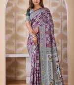 Purple banarasi cotton silk kota saree with woven zari work, floral geometric motifs, contrast designed pallu and blouse