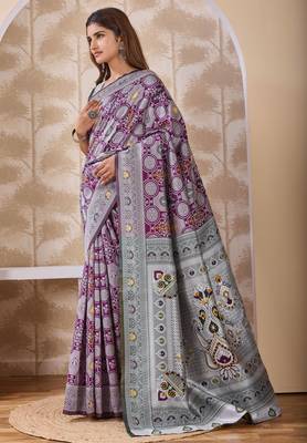 Purple banarasi cotton silk kota saree with woven zari work, floral geometric motifs, contrast designed pallu and blouse 2