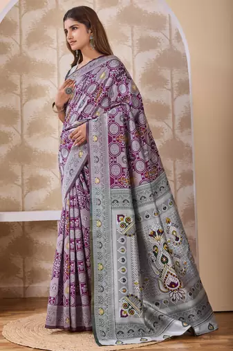 Purple banarasi cotton silk kota saree with woven zari work, floral geometric motifs, contrast designed pallu and blouse