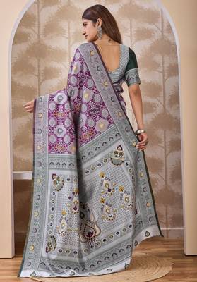 Purple banarasi cotton silk kota saree with woven zari work, floral geometric motifs, contrast designed pallu and blouse 3
