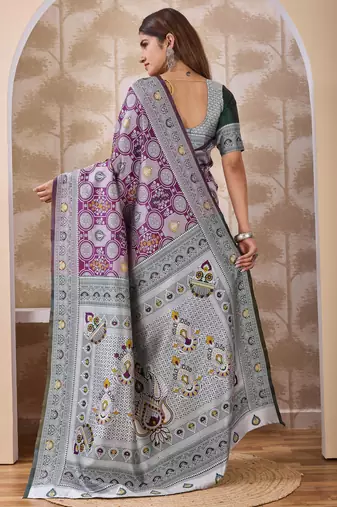 Purple banarasi cotton silk kota saree with woven zari work, floral geometric motifs, contrast designed pallu and blouse