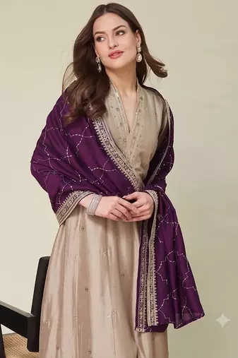 Women beige embroidered v-neck a-line kurta pant set with contrast wine dupatta