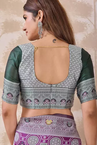 Purple banarasi cotton silk kota saree with woven zari work, floral geometric motifs, contrast designed pallu and blouse