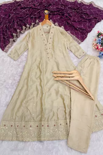 Women beige embroidered v-neck a-line kurta pant set with contrast wine dupatta