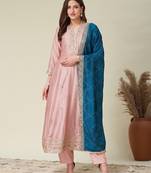 Women peach embroidered v-neck a-line kurta pant set with contrast morpich dupatta