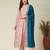 Women peach embroidered v-neck a-line kurta pant set with contrast morpich dupatta