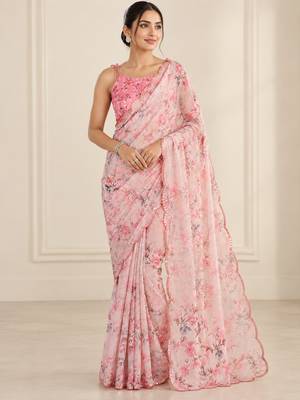 pink heavy silk blend printed saree with pape mirror work & mirror border 1
