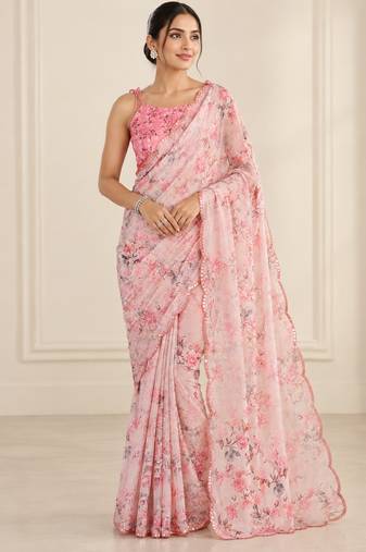 pink heavy silk blend printed saree with pape mirror work & mirror border