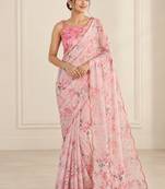 pink heavy silk blend printed saree with pape mirror work & mirror border