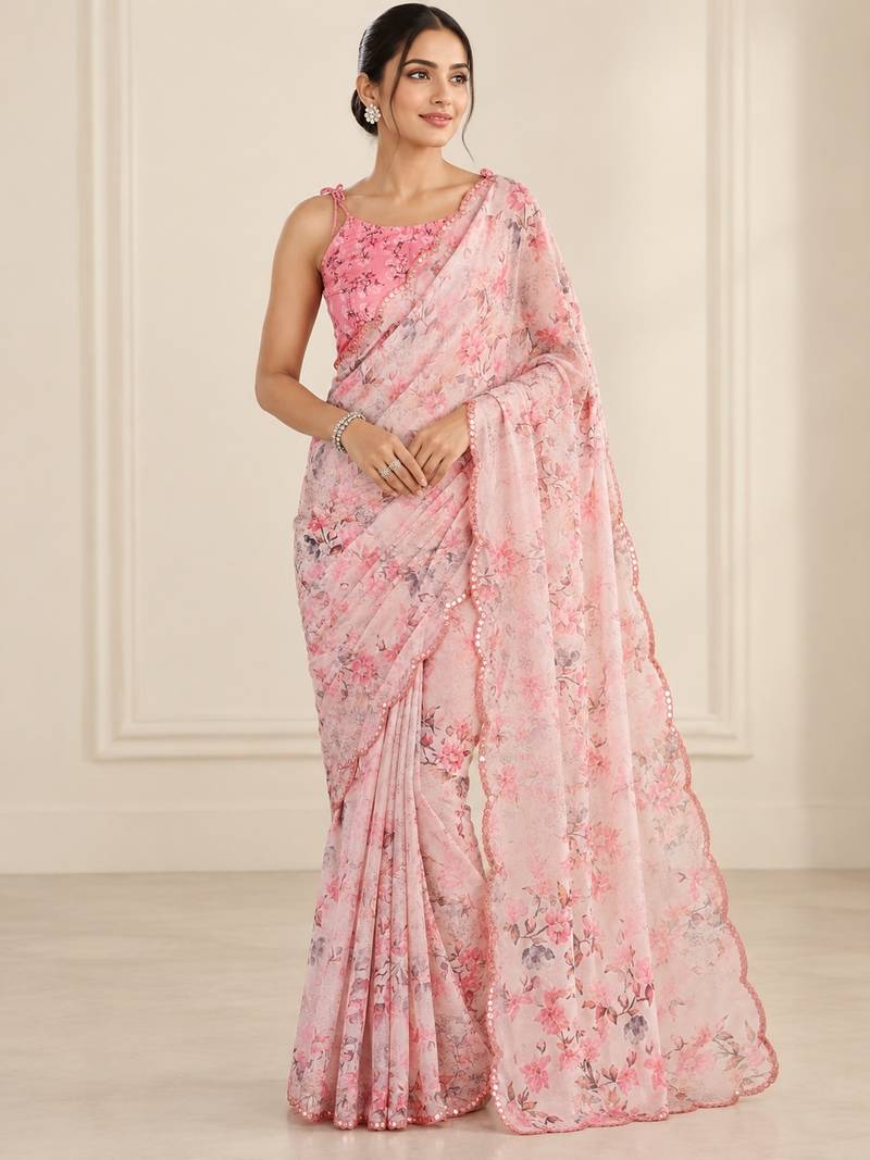 pink heavy silk blend printed saree with pape mirror work & mirror border