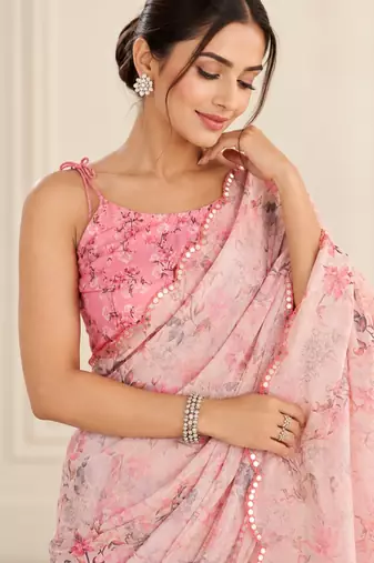 pink heavy silk blend printed saree with pape mirror work & mirror border