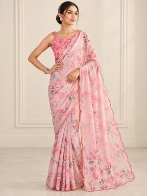 pink heavy silk blend printed saree with pape mirror work & mirror border 3