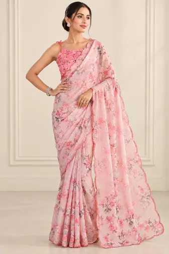 pink heavy silk blend printed saree with pape mirror work & mirror border