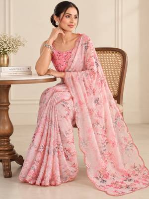 pink heavy silk blend printed saree with pape mirror work & mirror border 4
