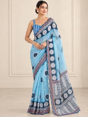 sky blue heavy silk blend printed saree with pape mirror work & mirror border 1