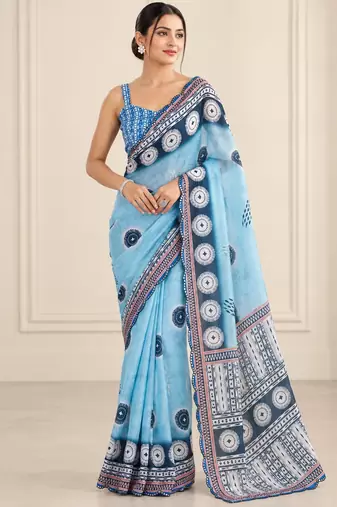 sky blue heavy silk blend printed saree with pape mirror work & mirror border