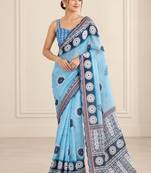 sky blue heavy silk blend printed saree with pape mirror work & mirror border